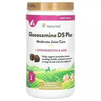 NaturVet, Glucosamine DS Plus с хондроитином и МСМ, умеренный уход за суставами, для собак и кошек, уровень 2, 240 мягких жевательных таблеток, 1 фунт 4 унции (576 г)