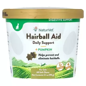 NaturVet, Hairball Aid Daily Support + Pumpkin, для кошек, 60 мягких жевательных таблеток, 90 г (3,1 унции)