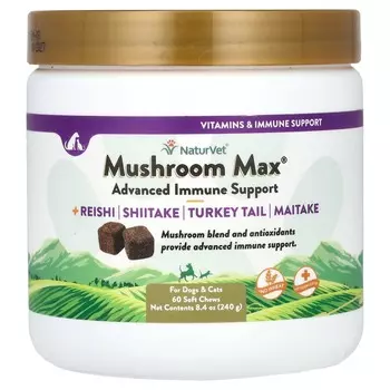 NaturVet, Mushroom Max, для повышения иммунитета, с облачными грибами, для собак и кошек, 60 мягких жевательных таблеток, 240 г (8,4 унции)