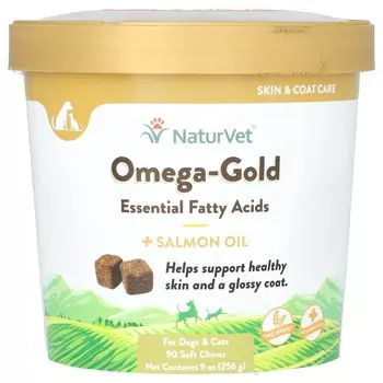 NaturVet, Omega-Gold, с лососевым маслом, для собак и кошек, 90 мягких жевательных таблеток