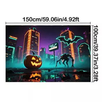 Научно-фантастический стиль - Джек-о -фонарь, Летучие мыши, Дизайн призрака - Баннер-задник на Хэллоуин для фотобудки, Для помещений/улицы, Вечеринка, Праздник 150*100cm/59*39in/5*3ft