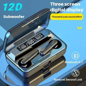 Наушники Bluetooth Беспроводные наушники с микрофоном 12D звук Стерео наушники-вкладыши Цифровой дисплей мощности Сенсорное управление чёрный