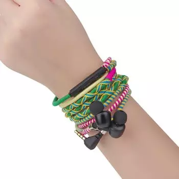 Наушники-браслеты URIZONS с цветной нейлоновой оплеткой и магнитным креплением. Металлический корпус наушников с глубокими басами, микрофон и регулятор громкости.