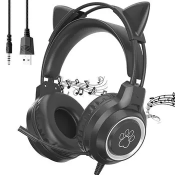Наушники Cat Ear Наушники Игровые наушники Игровая гарнитура 40-мм драйвер Кошачьи уши и вращающийся шумоподавляющий микрофон Съемные герметичные накладные наушники