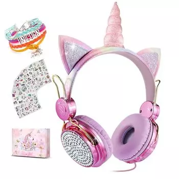 Наушники детские наушники для милых кошачьих ушек проводные наушники со стереоразъемом чехол для переноски единорог день рождения Рождество детские для девочек/подростков 3,5 мм