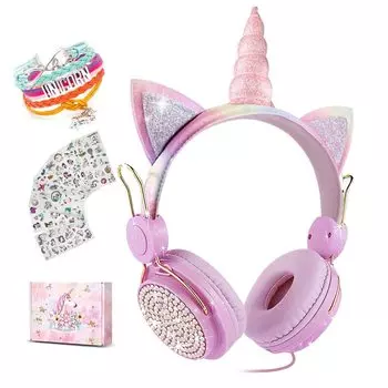 Наушники детские наушники для милых кошачьих ушек проводные наушники со стереоразъемом чехол для переноски единорог день рождения Рождество детские для девочек/подростков 3,5 мм