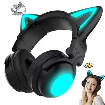 Наушники GHDVOP Cat Ear, Bluetooth-наушники Cat Ear, симпатичная игровая гарнитура, телескопический складной микрофон, светодиодная лампа, 7 цветов, бесплатная конвертация, блестки