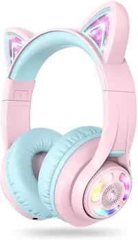 Наушники iClever Bluetooth-наушники с кошачьими ушками, светодиодной подсветкой, беспроводные детские наушники с ограничением громкости, 45 часов воспроизведения с микрофоном для BTH13 Pink