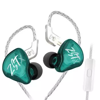 Наушники KZ ZSTX канального типа с китайским шумоподавлением, посеребренный кабель высокой чистоты, ушной крючок 1BA+1DD 3,5 мм (С микрофоном, зеленый)