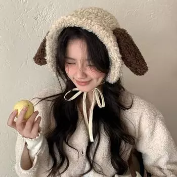 Наушники-мешки с ушками щенка, подходящие по цвету, из овечьей шерсти, женские зимние теплые накладки на уши, мягкие и милые, утолщенные накладки на уши бежевый