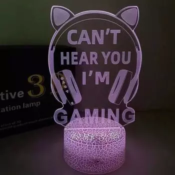 Наушники «Не слышу тебя, я играю» Ночник Гарнитура Графический Видеоигры Подарок Забавная 3D Лампа для Мужчин Геймеров Подростков и Детей Black Base No Remote синий