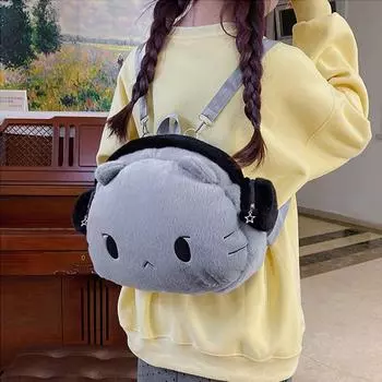 Наушники с головой кошки Кошачья плюшевая школьная сумка Серая кошачья плюшевая сумка для животных Плюшевый рюкзак для кота Студент серый