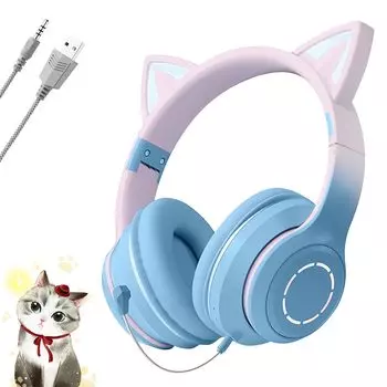 Наушники с кошачьими ушками Bluetooth, беспроводные наушники с кошачьими ушками и светодиодной подсветкой, цвет радуги, симпатичные, проводные, беспроводные, двойного назначения, Bluetooth