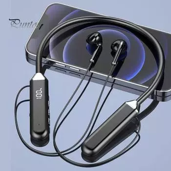 Наушники с шейным ободом, светодиодным цифровым дисплеем, сверхдлительным временем ожидания, магнитные беспроводные Bluetooth-совместимые спортивные стереогарнитуры для бега чёрный