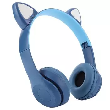 Наушники-вспышки с мультяшными ушками для кошек и микрофоном, совместимые с Bluetooth (Темно-синий) /