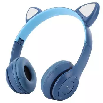 Наушники-вспышки с мультяшными ушками для кошек и микрофоном, совместимые с Bluetooth (Темно-синий)