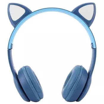 Наушники-вспышки с мультяшными ушками для кошек и микрофоном, совместимые с Bluetooth (Темно-синий)