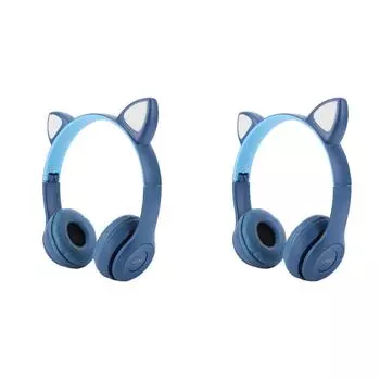 Наушники-вспышки с мультяшными ушками для кошек и микрофоном, совместимые с Bluetooth (Темно-синий)