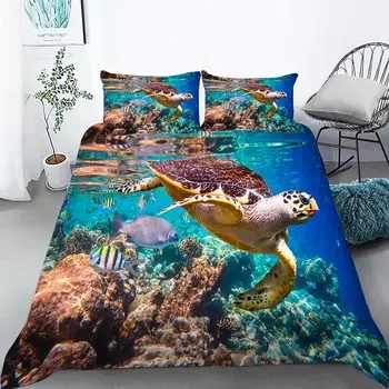 Nautical Anchor Sea Turtle Bedding Set Kids Boy Girl Teens Room Decor,Underwater Starfish Print Comforter Cover Full Size 3 Pcs EU single(135x200cm)