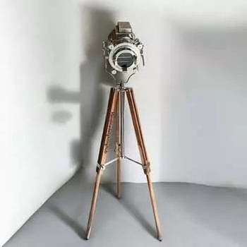 Nautical Chrome Spotlight Floor Lamp | Natural Wooden Tripod Stand | Industrial Home Decor | Handmade Nautical Searchlight Floor Lamp