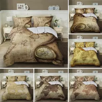 Nautical Map Bedding Set King Queen Brown Vintage Style Sea World Map Compass Duvet Cover Ocean Map Polyester Comforter Cover 70x133cm 2pcs