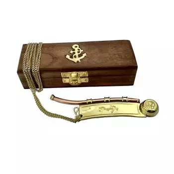 Nautical Maritime Brass/Copper Boatswain Whistle~Bosun Call Pipe~with Wood Box