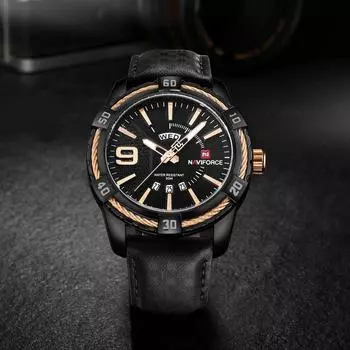 NAVIFORCE 9117L спортивные роскошные кварцевые мужские наручные часы с ремешком из натуральной кожи 245mm серебро белый