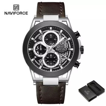 Naviforce Мужские часы с календарем, секундомером, хронографом, многофункциональным кожаным ремешком, светящимся указателем, водонепроницаемые, повседневные, модные, мужские наручные часы NF8073 чёрный/белый