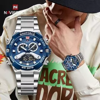 NAVIFORCE Мужские спортивные часы Кварцевые аналоговые ЖК-цифровые водонепроницаемые наручные часы с двойным дисплеем NF9207 240mm серебряный/чёрный