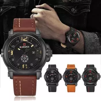 Мужские водонепроницаемые кварцевые часы на кожаном ремешке жёлтый