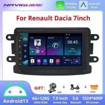 NAVIGUIDE 7-дюймовый Android 13 GPS автомобильный мультимедийный плеер для Renault Dacia без DVD беспроводной Carplay и Android Auto 4G WIFI BT 5.0 FM красный