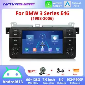 NAVIGUIDE 7-дюймовый Android 13 GPS автомобильный мультимедийный плеер без DVD для BMW 3 серии E46 беспроводной Carplay и Android Auto 4G WIFI BT 5.0 красный