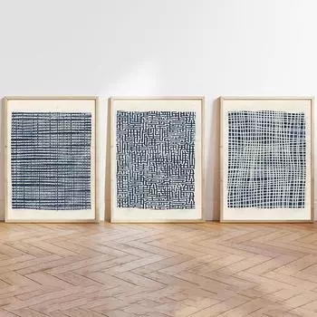 Navy Blue Abstract Modern Mid Century Wall Art Print Geometric Nordic Poster Lines Canvas Painting Decor Pictures Living Room 21x30cm No Framed