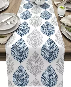 Navy Blue and Grey Leaf Texture Linen Table Runner Gray Abstract Art Leaves Dresser Scarf Table Decor Wedding Dining Party Decor 150x33cm 59x13inch