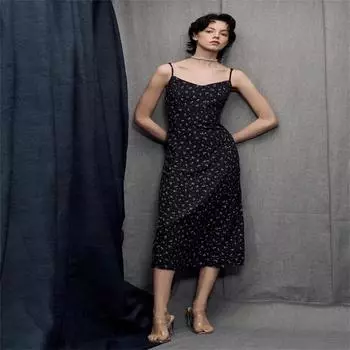 Navy Blue Suspender Dress With Small Floral Patterns L темно-синий