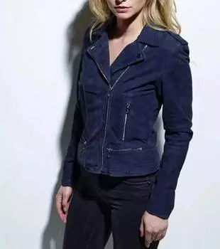 ТЕМНО-СИНЯЯ женская повседневная байкерская куртка ручной работы из мягкой замши из овчины, стильная XS синий