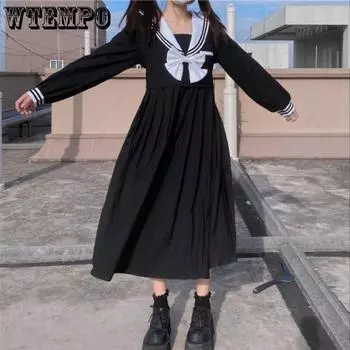 Черное платье с темно-синим воротником, весеннее и осеннее женское платье, тонкое платье в студенческом стиле со свободной талией S