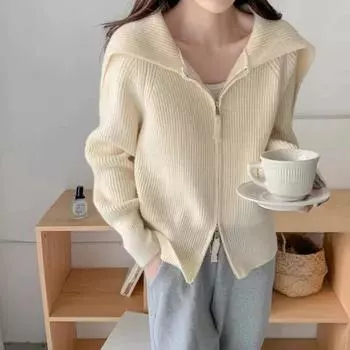 Navy collar zipper sweater jacket cardigan women s autumn and winter clothing gentle wind wear loose lazy wind top tide average size