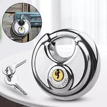Навесной замок с ключом. Большой прочный конструкционный металлический дверной замок. Блок хранения. Гаражи. Дисковый замок с набором 4 ключей. Замок с ключом. Товары для дома.
