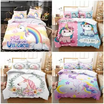 Наволочка и пододеяльник с 3D принтом единорога, постельные принадлежности, пододеяльник, полноразмерная односпальная/двуспальная кровать, украшение для дома Baby 100x135cm
