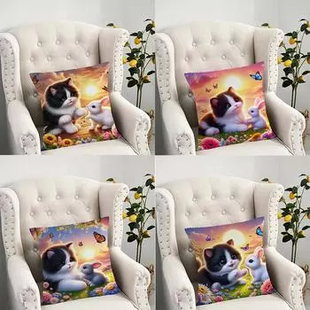 Наволочка с изображением кота и кролика для украшения общежития, офиса, гостиной, дивана, домашней наволочки 40x40cm