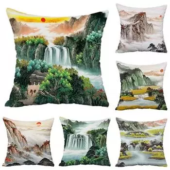 Наволочка с изображением пейзажа в китайском стиле для украшения общежития, офиса, гостиной, дивана, дома, наволочка 40x40cm