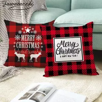 Наволочка с принтом Fuwatacchi Merry Christmas, красная, черная, клетчатая, наволочка для подушки, украшение для домашнего кресла, дивана, 45*45 см 40x40cm