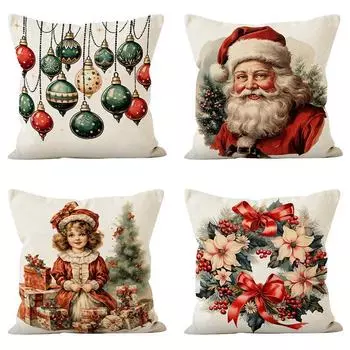 Наволочка с принтом Санта-Клауса из льна на Рождество - праздничный чехол для диванной подушки Style 2, 45*45cm without pillow core