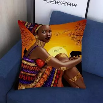Наволочка Стильный африканский женский дизайн Легко чистится Гладкая потайная молния Моющаяся напольная наволочка для дивана и автокресла оранжевый