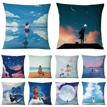 Наволочка в японском стиле с рисунком мультфильма для маленькой девочки, наволочка с принтом неба, украшение для спальни, дивана, наволочка 40x40cm