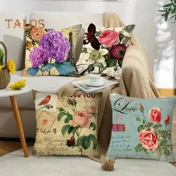Наволочка в стиле ретро с цветочным принтом, сменный чехол для подушки, наволочка из ткани, которую можно стирать в машине, чехол для подушки с принтом, чехол для дивана, офисного декора 1pc J