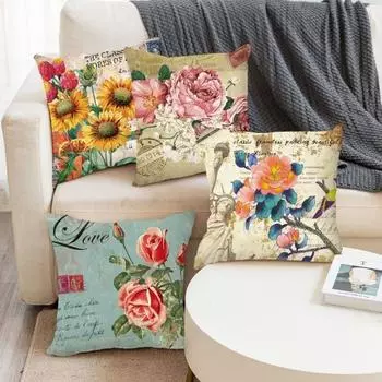 Наволочка в стиле ретро с цветочным принтом, сменный чехол для подушки, наволочка из ткани, которую можно стирать в машине, чехол для подушки с принтом, чехол для дивана, офисного декора 1pc J