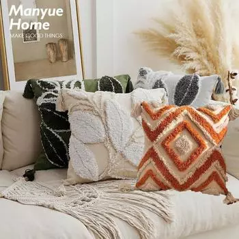 Наволочки из хлопка и льна в стиле бохо с геометрической вышивкой и кисточками для дивана, гостиной, дома и украшения, наволочка для подушки, прикроватная спинка 45x45cm