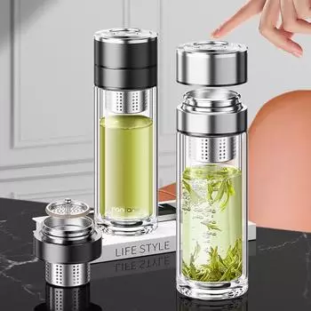 Нажмите, чтобы открыть стеклянную чашку для чая, двухслойная стеклянная чашка для чайника, бутылка для воды из боросиликатного стекла, чашка для разделения воды для чая, деловой подарок 300ml-350ml